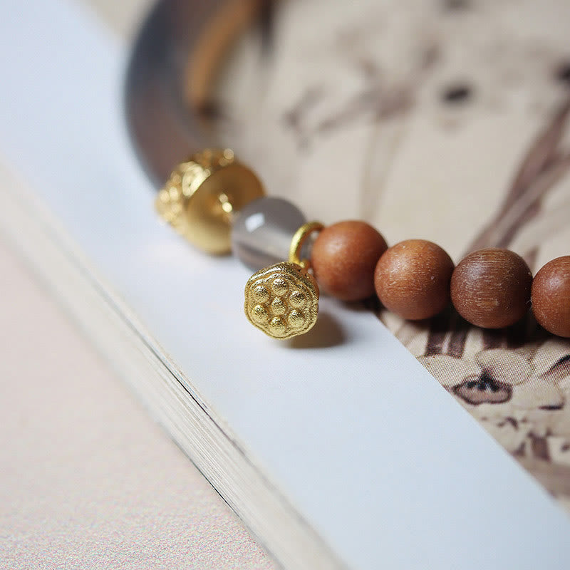 Gold Plated Sterling Silver Sandalwood & Gray Agate Chalcedony Beaded Cuff Bracelet