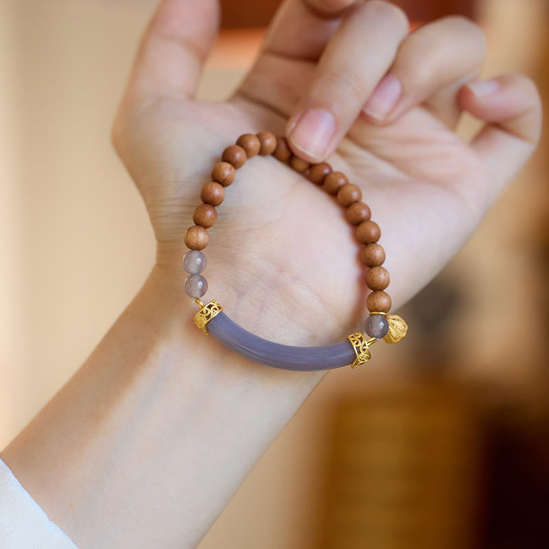 Gold Plated Sterling Silver Sandalwood & Gray Agate Chalcedony Beaded Cuff Bracelet