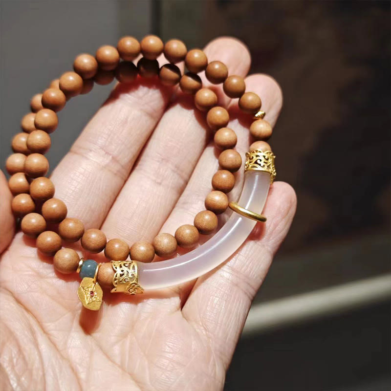 Gold Plated Sterling Silver Sandalwood & Gray Agate Chalcedony Beaded Cuff Bracelet