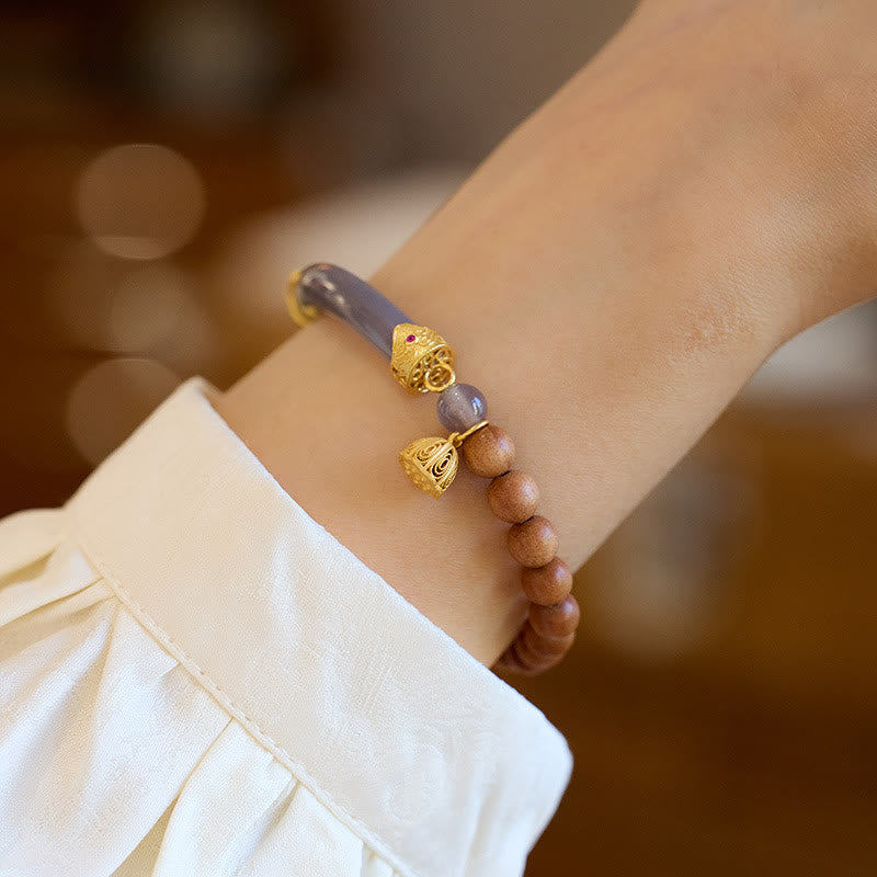 Gold Plated Sterling Silver Sandalwood & Gray Agate Chalcedony Beaded Cuff Bracelet
