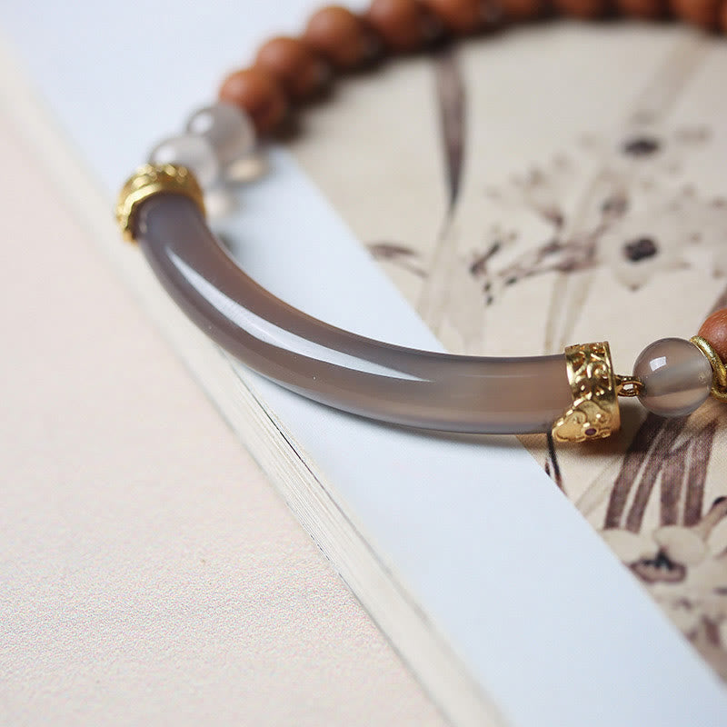Gold Plated Sterling Silver Sandalwood & Gray Agate Chalcedony Beaded Cuff Bracelet