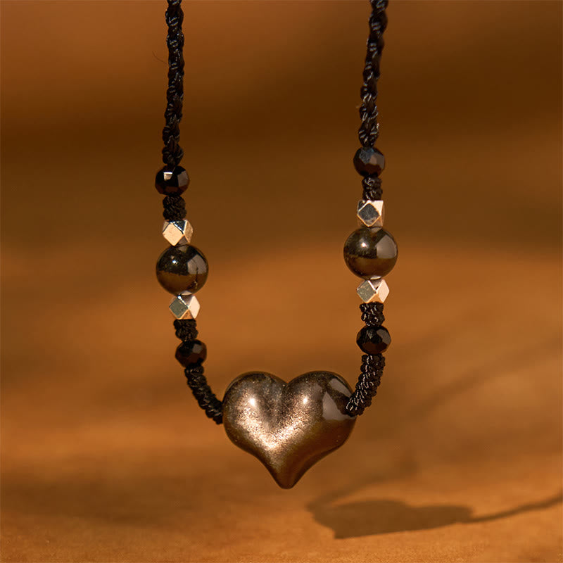 Natural Silver Sheen Obsidian Heart Protection Necklace Pendant