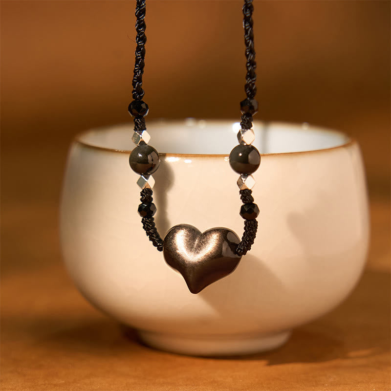 Natural Silver Sheen Obsidian Heart Protection Necklace Pendant