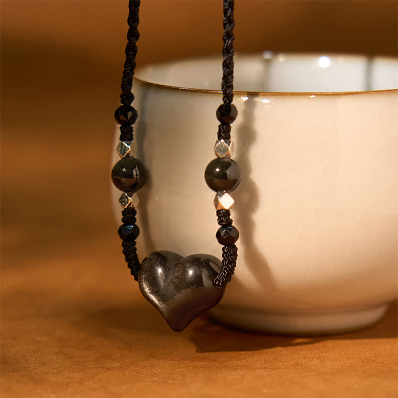 Natural Silver Sheen Obsidian Heart Protection Necklace Pendant