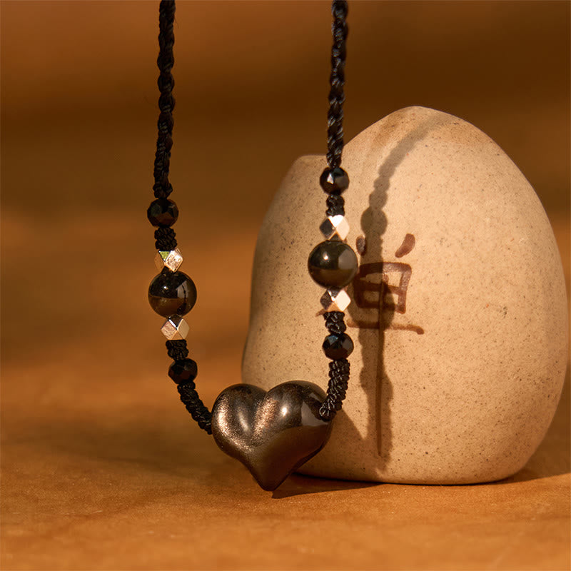 Natural Silver Sheen Obsidian Heart Protection Necklace Pendant
