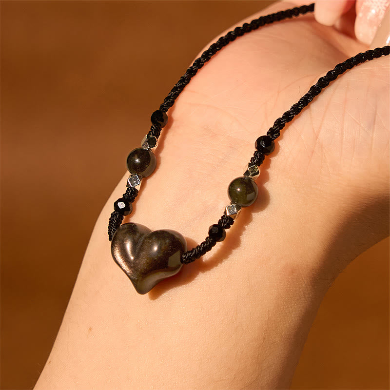 Natural Silver Sheen Obsidian Heart Protection Necklace Pendant
