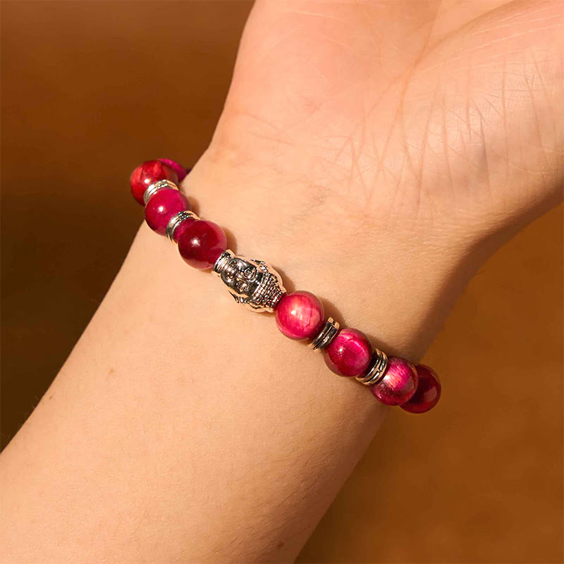 Vibrant Tiger Eye Beaded Bracelet with Buddha Head Charm