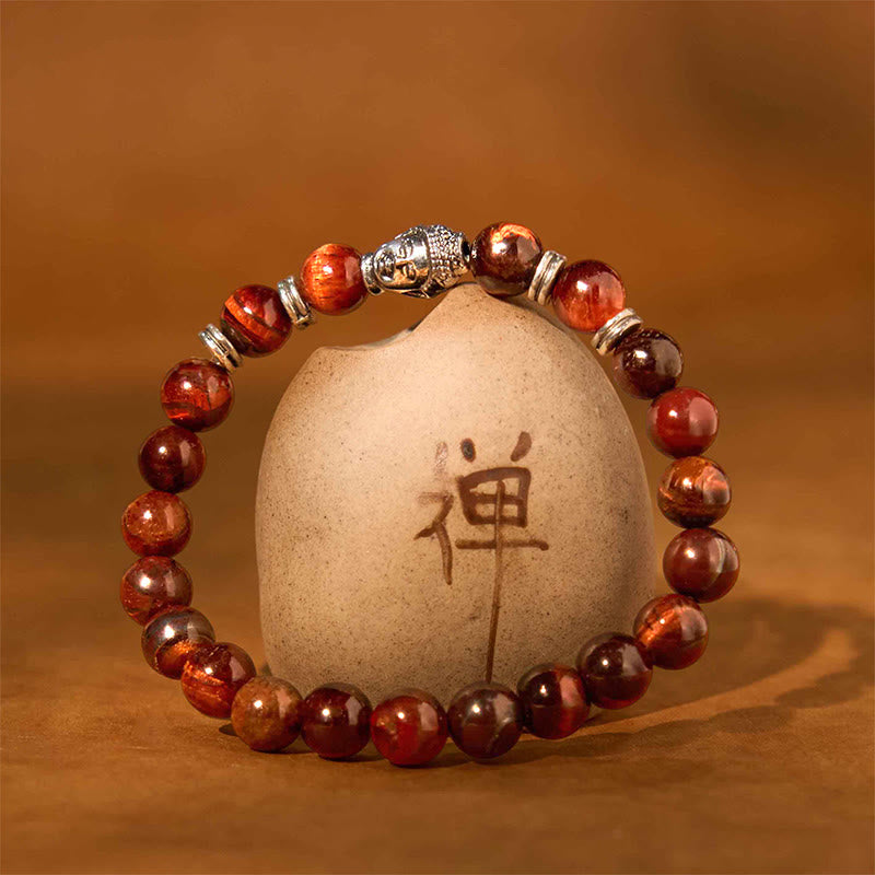 Vibrant Tiger Eye Beaded Bracelet with Buddha Head Charm