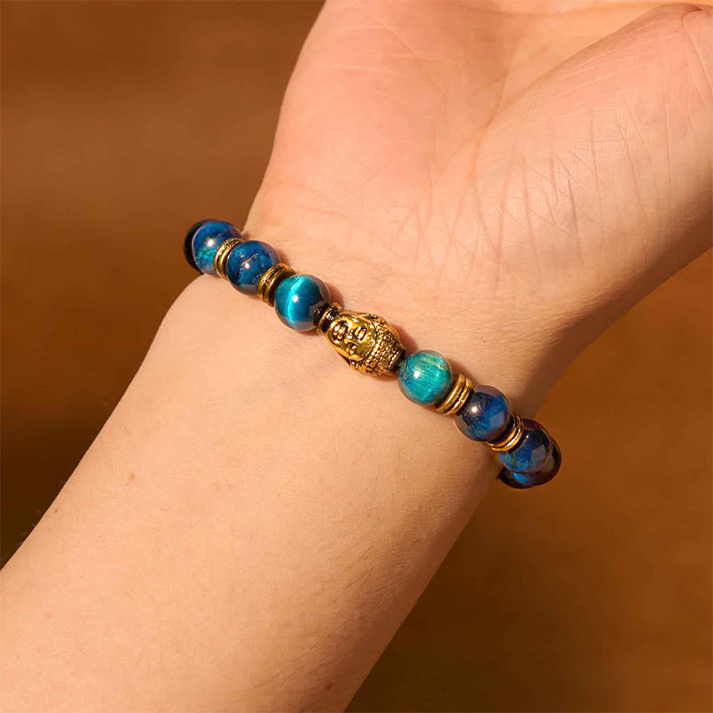 Blue Green Red Tiger Eye Buddha Head Balance Bracelet