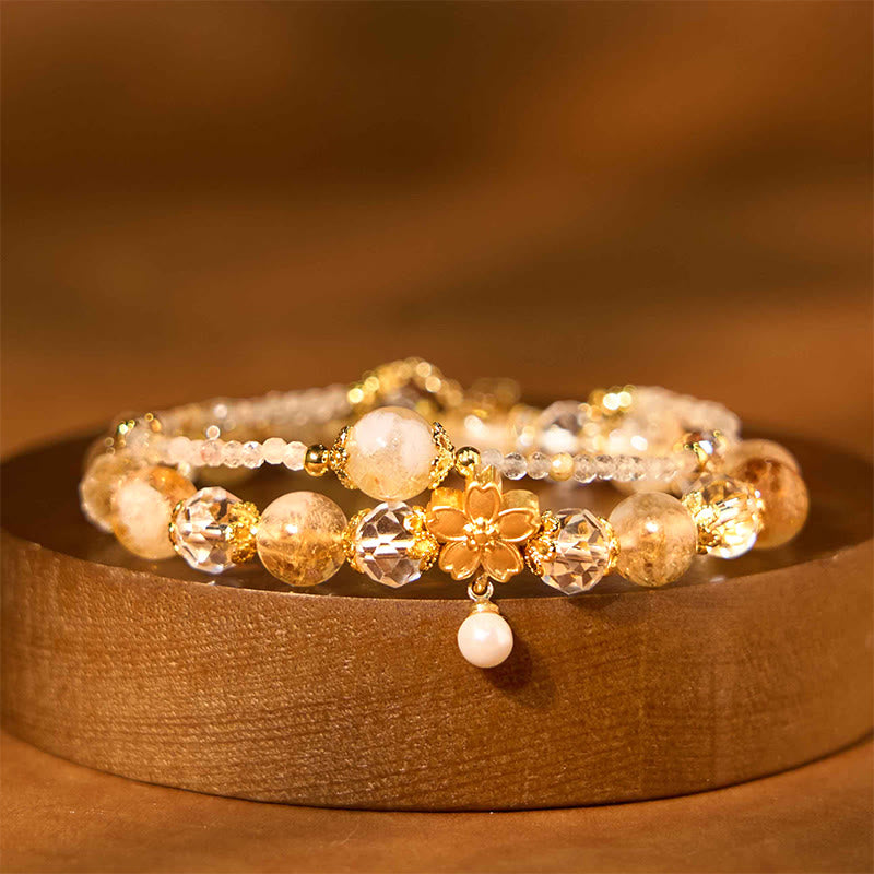 Natural Citrine Glass Beads Flower Multiple Layers Prosperity Bracelet