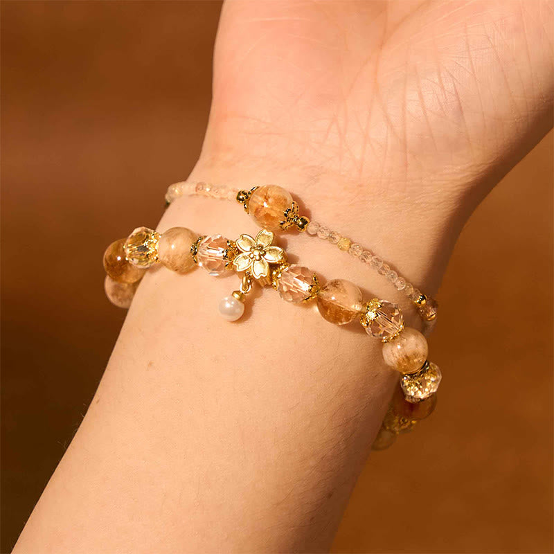 Natural Citrine Glass Beads Flower Multiple Layers Prosperity Bracelet