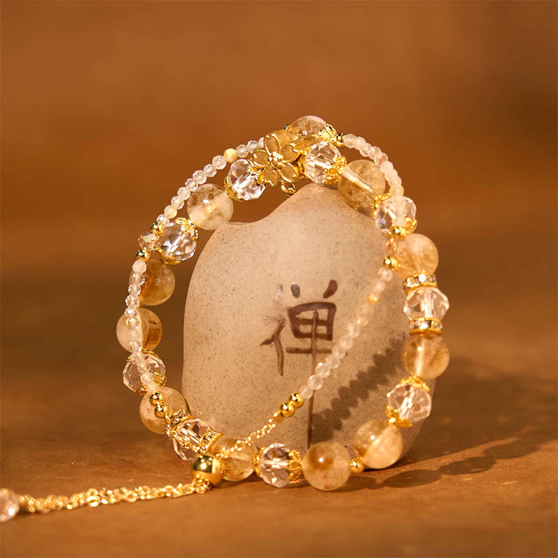 Natural Citrine Glass Beads Flower Multiple Layers Prosperity Bracelet