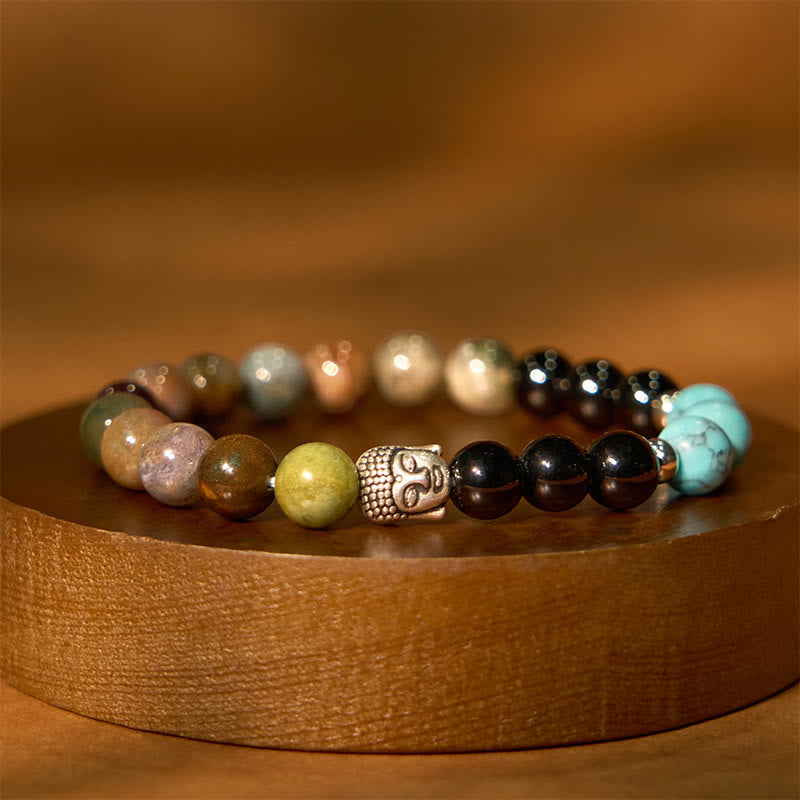 Natural Mixed Gemstone Beaded Bracelet with Buddha Head Charm