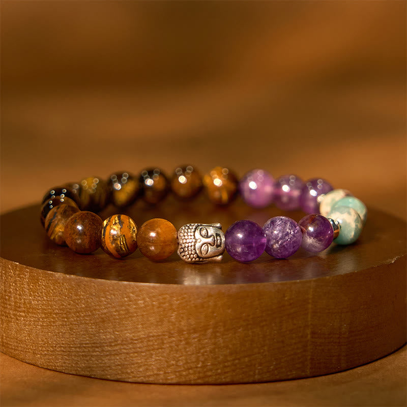 Natural Mixed Gemstone Beaded Bracelet with Buddha Head Charm