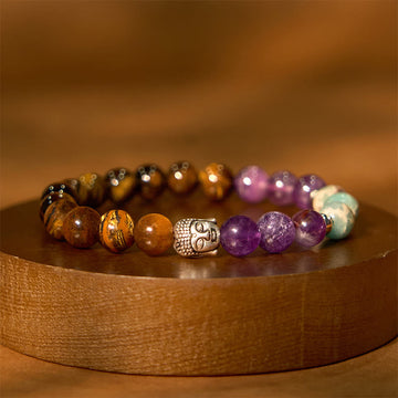 Tiger Eye Mixed Gemstone Beaded Bracelet with Buddha Head Charm