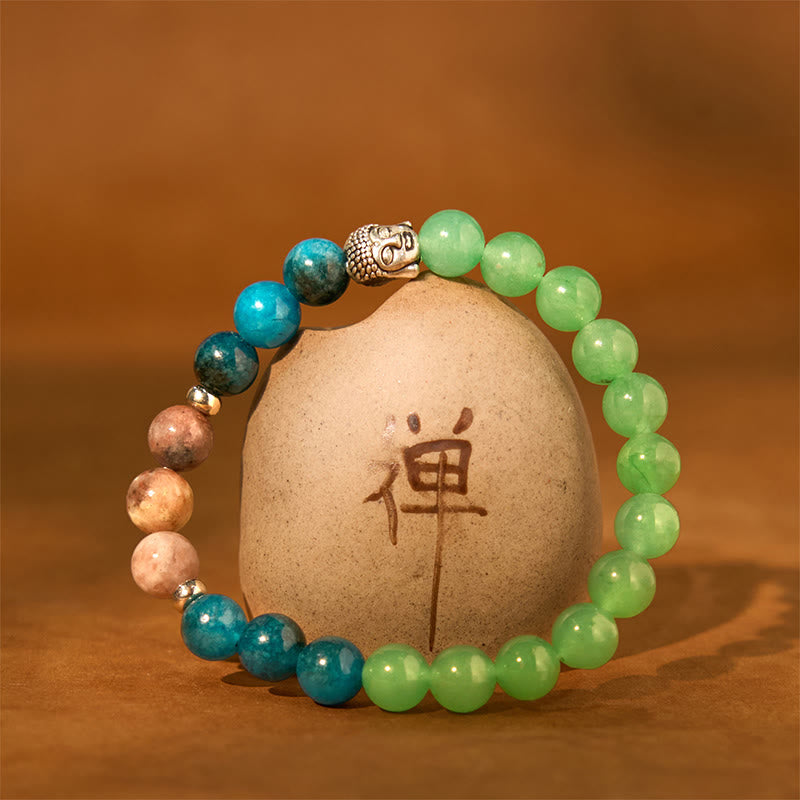 Natural Mixed Gemstone Beaded Bracelet with Buddha Head Charm