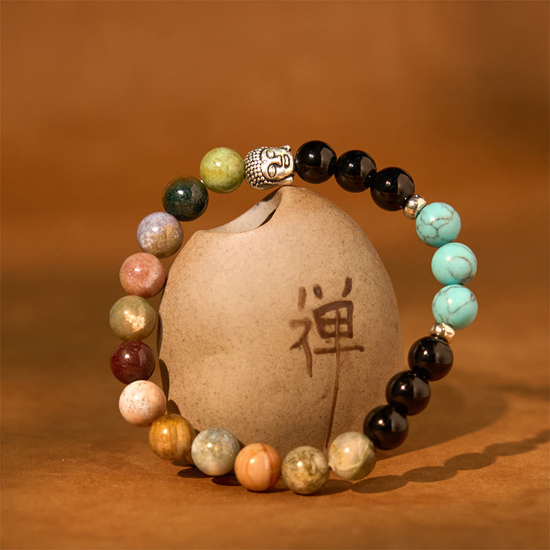 Natural Mixed Gemstone Beaded Bracelet with Buddha Head Charm