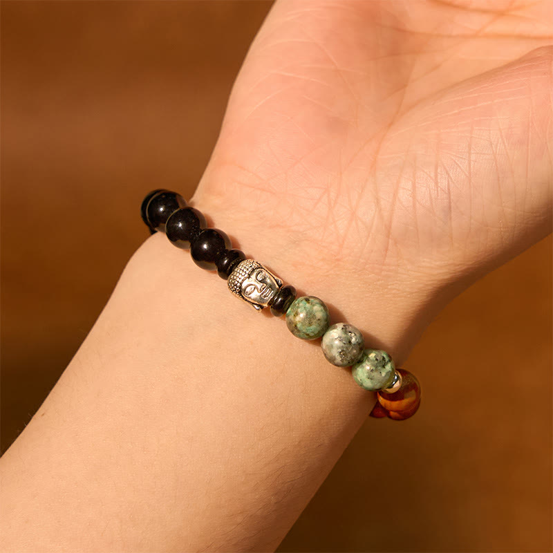 Natural Mixed Gemstone Beaded Bracelet with Buddha Head Charm