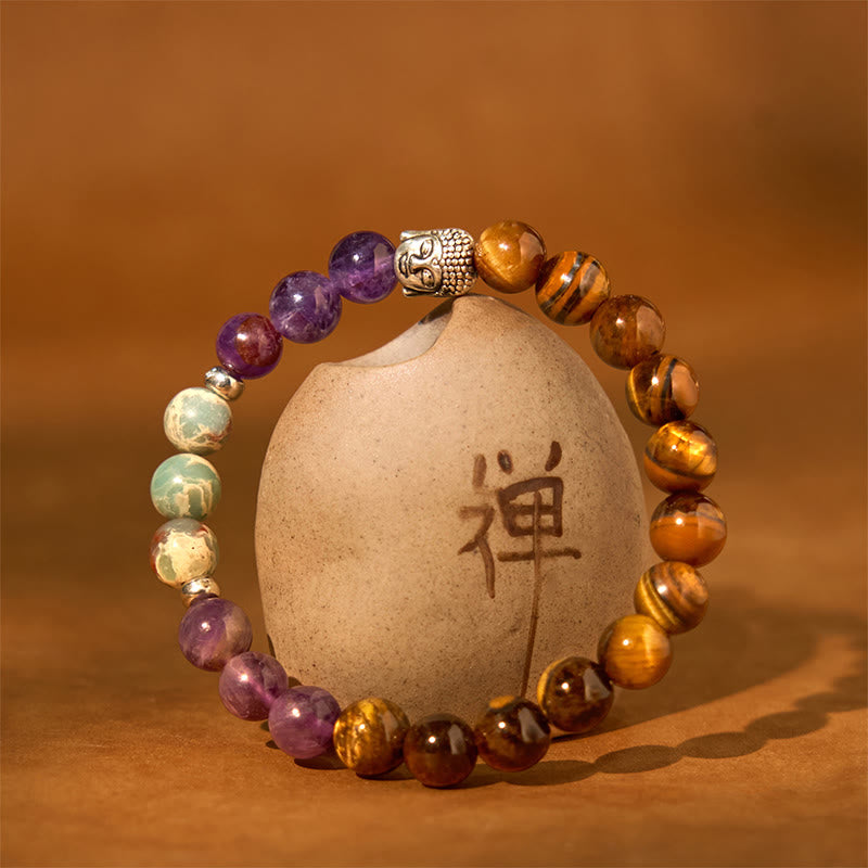 Natural Mixed Gemstone Beaded Bracelet with Buddha Head Charm