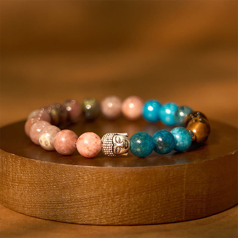 Natural Mixed Gemstone Beaded Bracelet with Buddha Head Charm