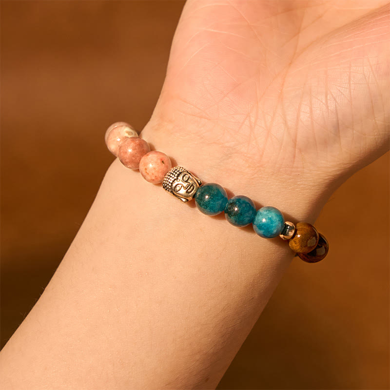 Natural Mixed Gemstone Beaded Bracelet with Buddha Head Charm