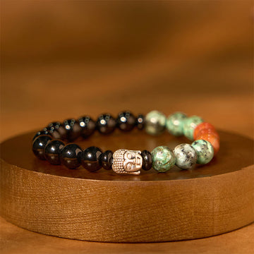 Black Onyx Mixed Gemstone Beaded Bracelet with Buddha Head Charm