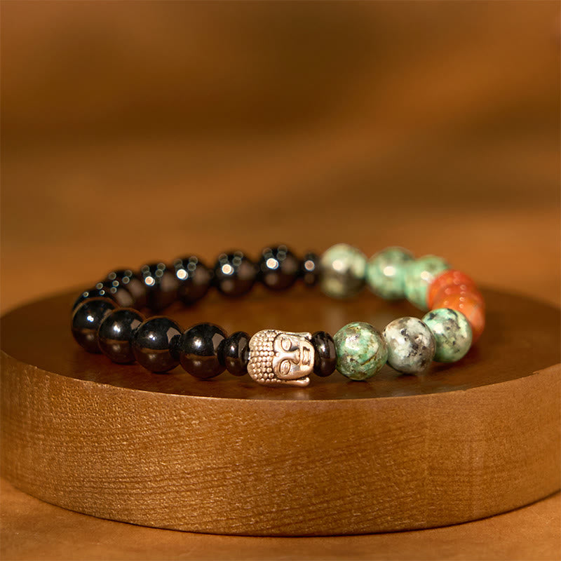 Natural Mixed Gemstone Beaded Bracelet with Buddha Head Charm