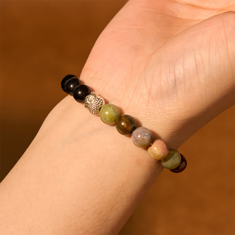 Natural Mixed Gemstone Beaded Bracelet with Buddha Head Charm