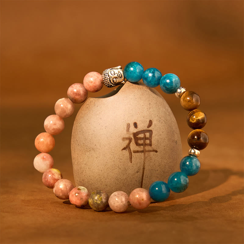 Natural Mixed Gemstone Beaded Bracelet with Buddha Head Charm