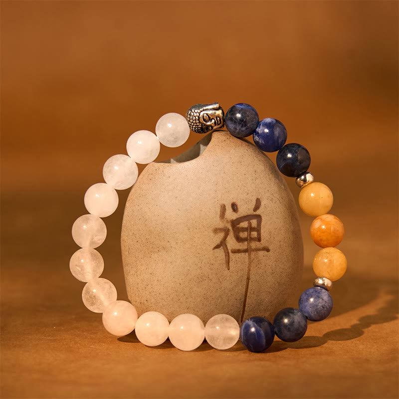 Natural Mixed Gemstone Beaded Bracelet with Buddha Head Charm