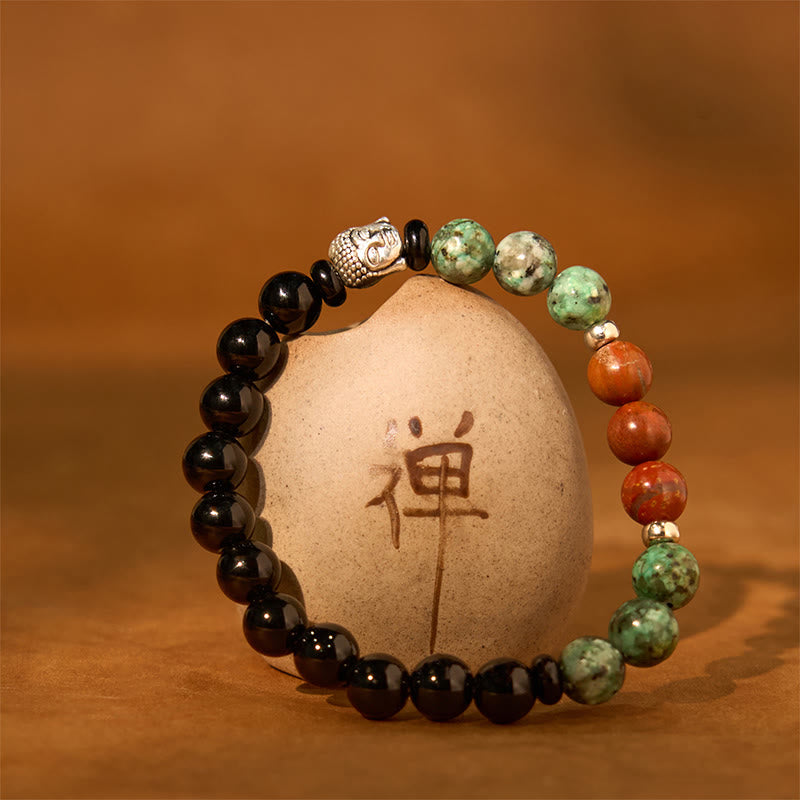Natural Mixed Gemstone Beaded Bracelet with Buddha Head Charm