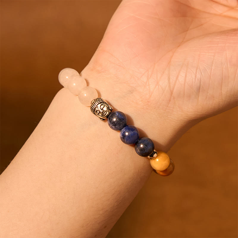 Natural Mixed Gemstone Beaded Bracelet with Buddha Head Charm
