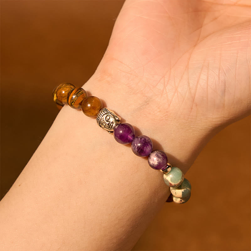 Natural Mixed Gemstone Beaded Bracelet with Buddha Head Charm
