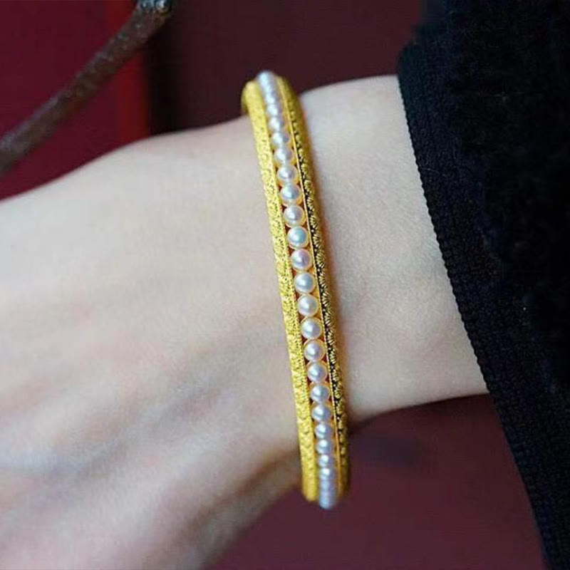 Minimalist Gold Plated Copper and Pearl Row Cuff Bracelet