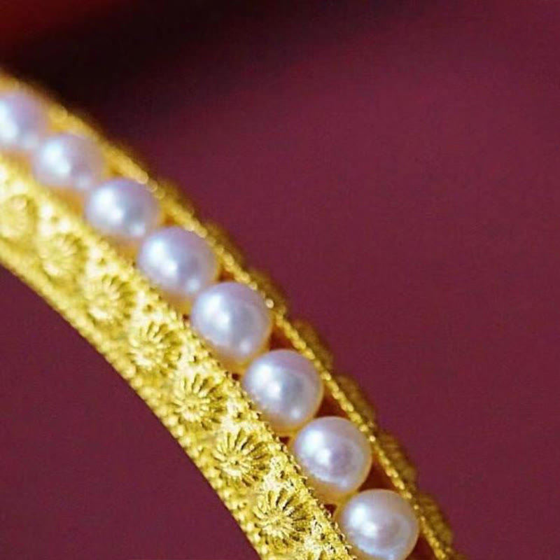 Minimalist Gold Plated Copper and Pearl Row Cuff Bracelet