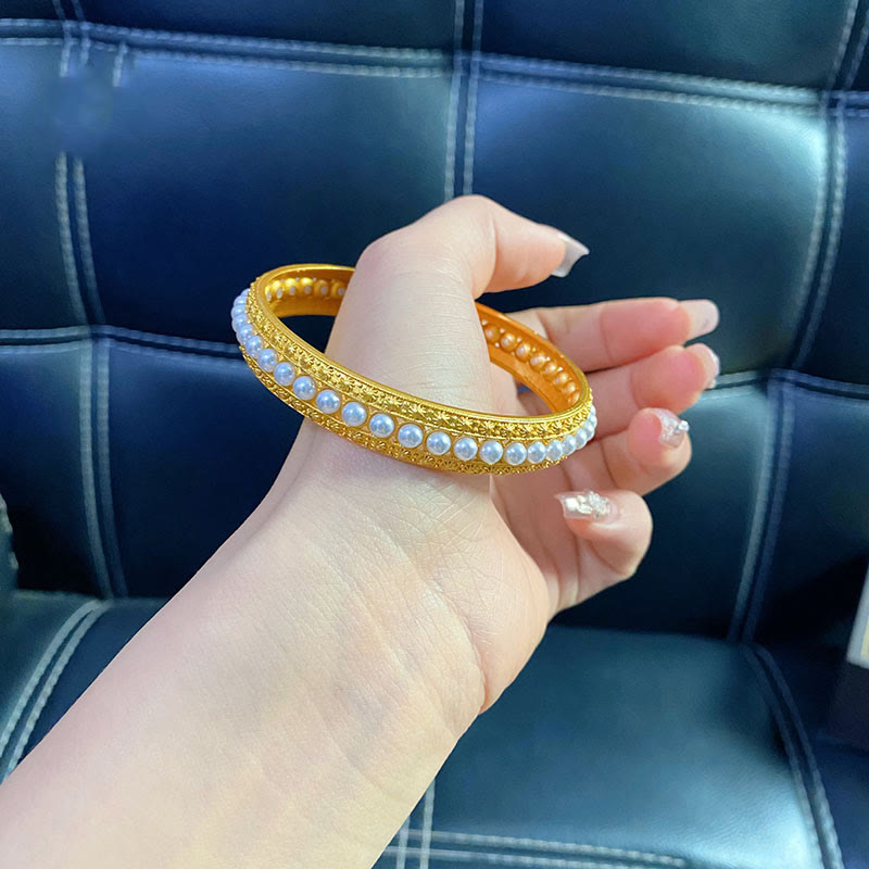 Minimalist Gold Plated Copper and Pearl Row Cuff Bracelet