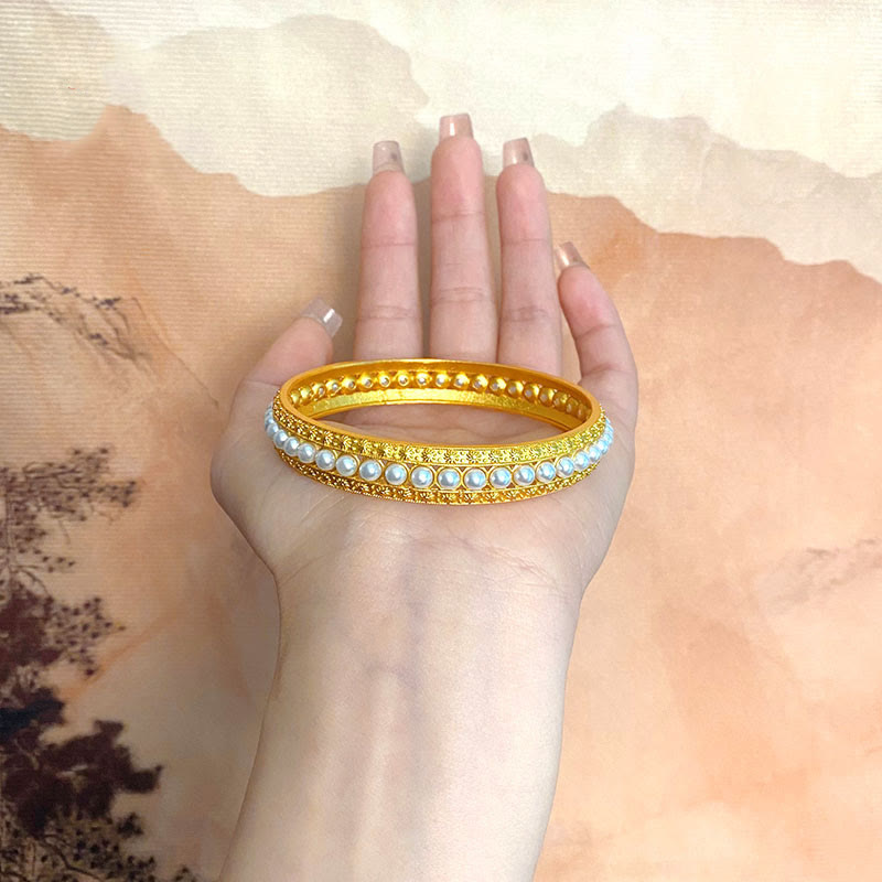 Minimalist Gold Plated Copper and Pearl Row Cuff Bracelet