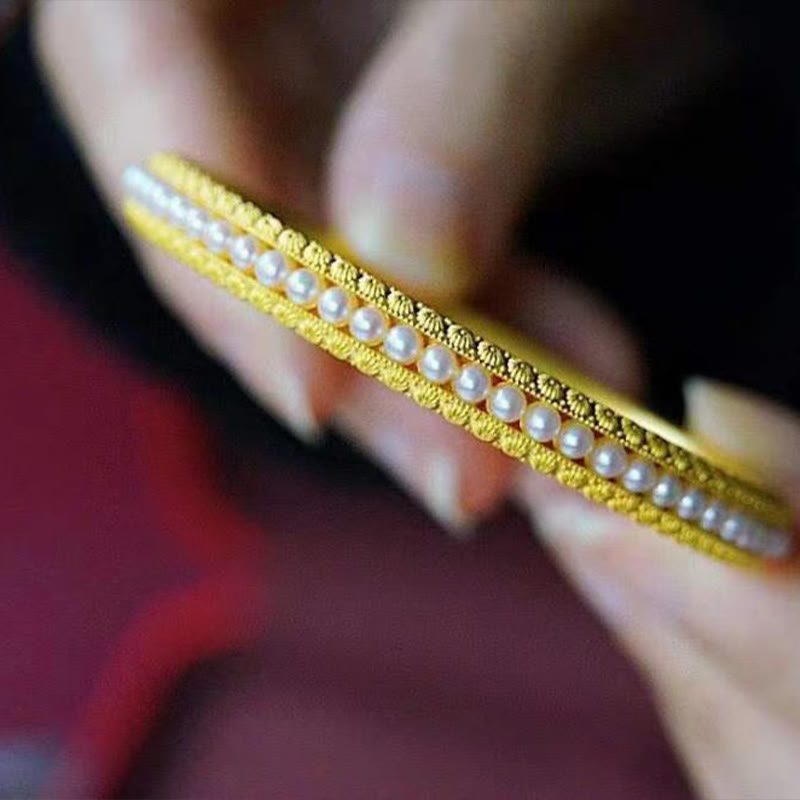 Minimalist Gold Plated Copper and Pearl Row Cuff Bracelet