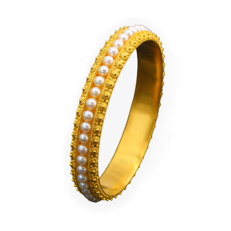 Minimalist Gold Plated Copper and Pearl Row Cuff Bracelet