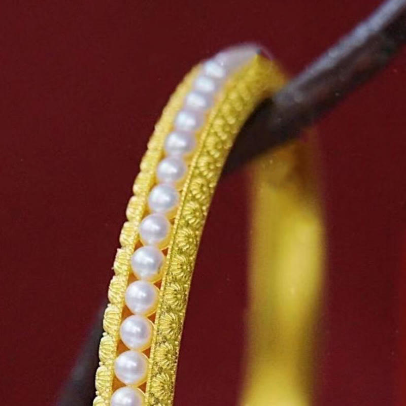 Minimalist Gold Plated Copper and Pearl Row Cuff Bracelet