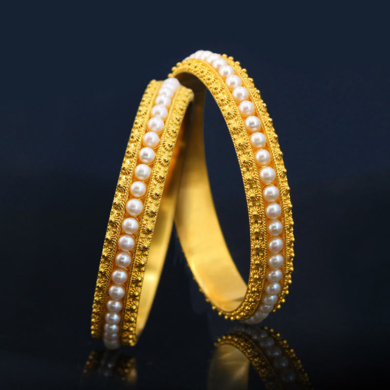 Minimalist Gold Plated Copper and Pearl Row Cuff Bracelet