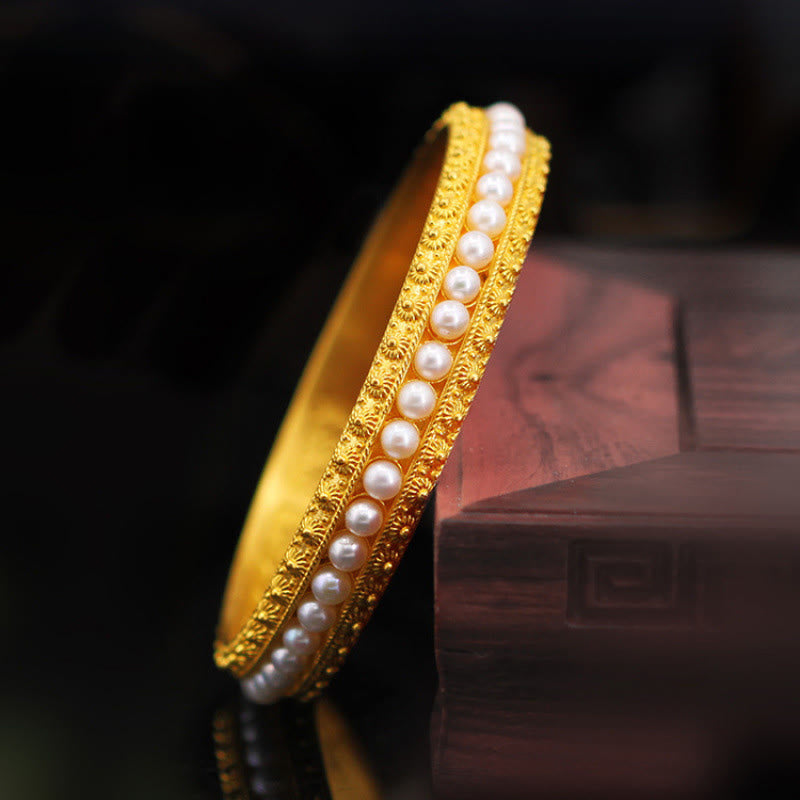 Minimalist Gold Plated Copper and Pearl Row Cuff Bracelet