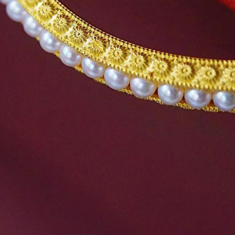 Minimalist Gold Plated Copper and Pearl Row Cuff Bracelet