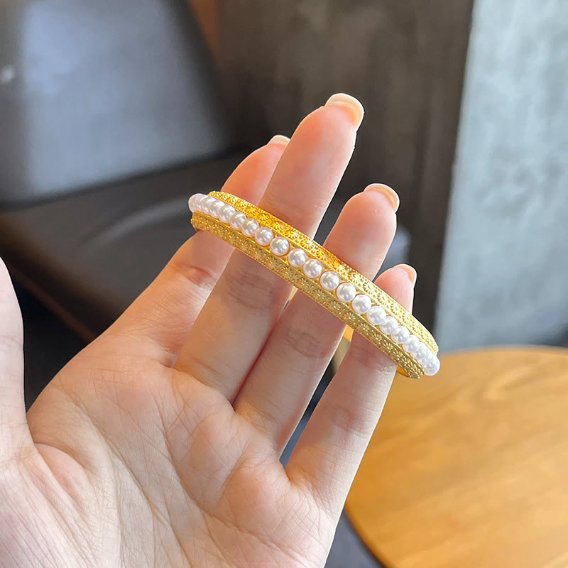 Minimalist Gold Plated Copper and Pearl Row Cuff Bracelet