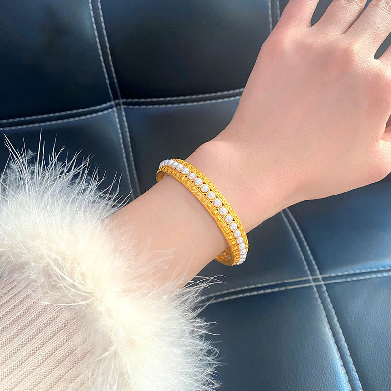 Minimalist Gold Plated Copper and Pearl Row Cuff Bracelet