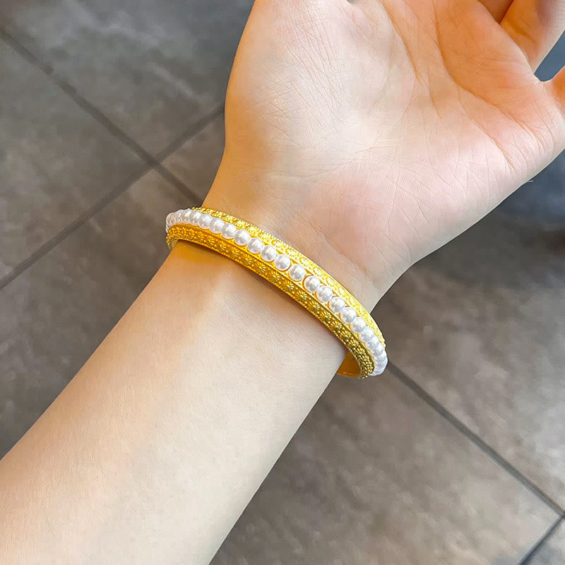 Minimalist Gold Plated Copper and Pearl Row Cuff Bracelet