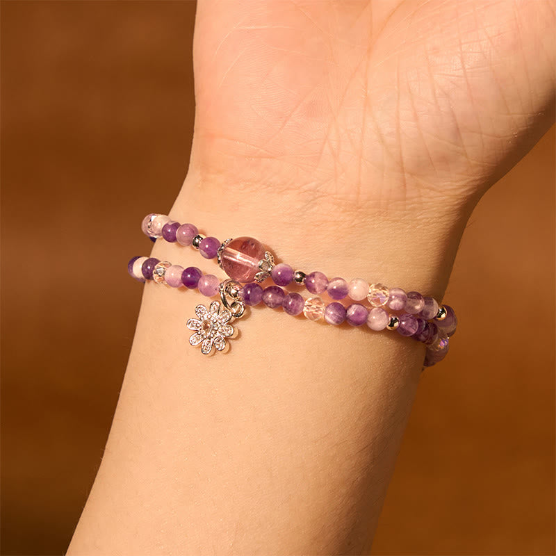 Amethyst Crystal Sunflower Spiritual Awareness Double Wrap Bracelet