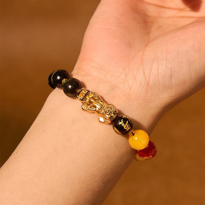 Natural Gold Sheen Obsidian PiXiu Five Directions Gods of Wealth Protection Bracelet