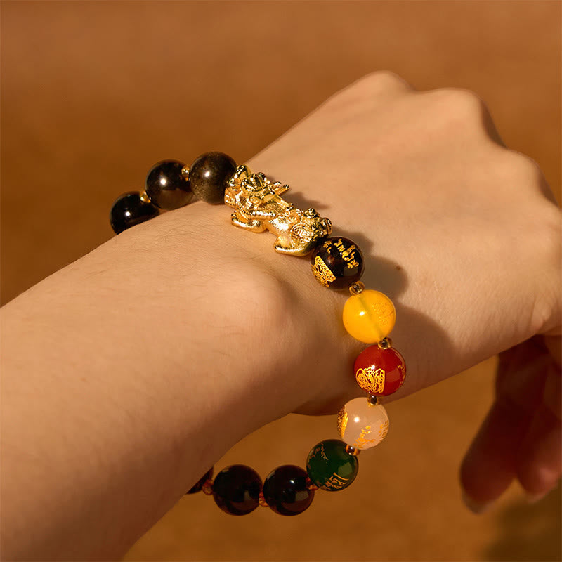 Natural Gold Sheen Obsidian PiXiu Five Directions Gods of Wealth Protection Bracelet