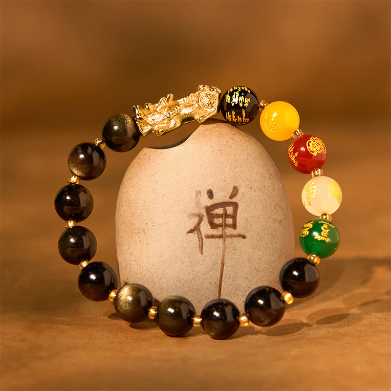 Natural Gold Sheen Obsidian & Copper Pixiu God of Wealth Beaded Bracelet